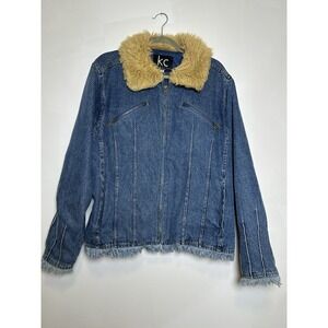 VTG KC Collections Denim Jacket Fur Collar Fringed Hem Size XL Quilted